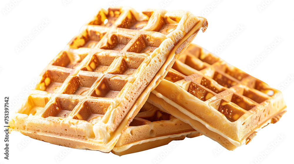 Golden, well-baked square waffle, transparent background