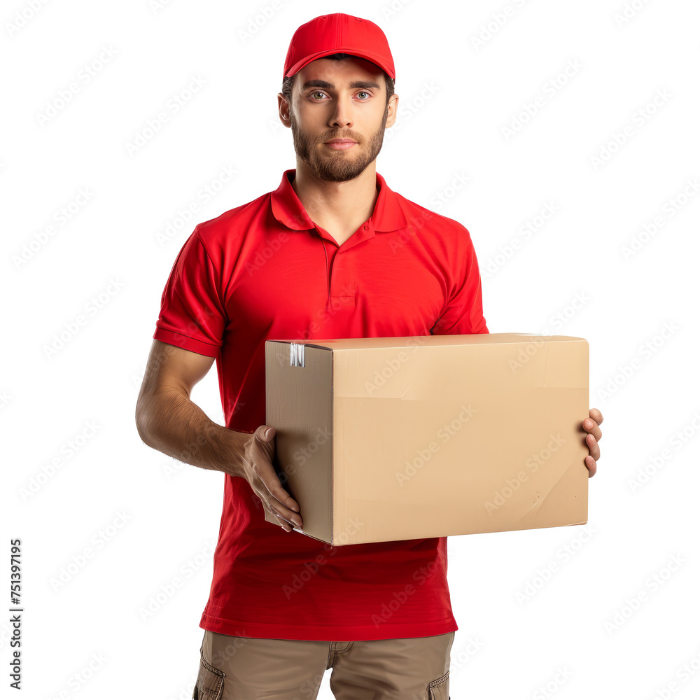 professionalism and reliability of a modern courier carrying a simple box on a white background. professionalism and reliability of a modern courier carrying a simple box on a white background.