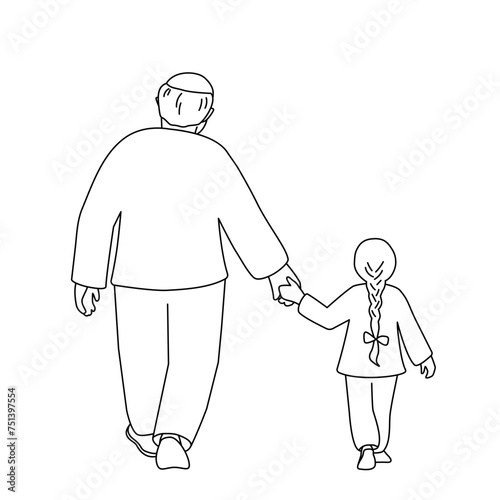 Grandfather and granddaughter walk holding hands. Back view. Vector isolated illustration in line art style.	