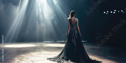 A solitary model in a luxurious black dress stands on a dimly lit runway with dramatic spotlights. photo