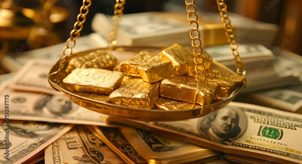A balance scale with gold bars and currency notes, depicting financial balance A balance scale with gold bars and currency notes, depicting financial balance