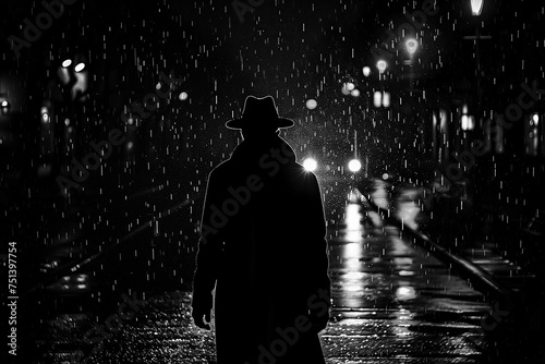 silhouette of dangerous male murderer rapist in hat and coat at night on street in dark in rain photo