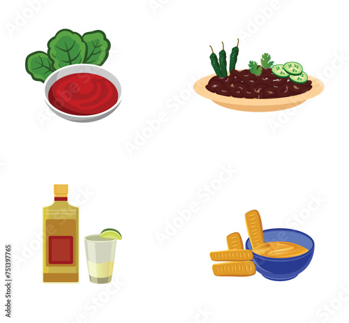 Mexican Food Illustration Vector Set, Mexican Delicious Food Template. Salsa Drink With Vegetable Spicy Isolated Illustration Element.
