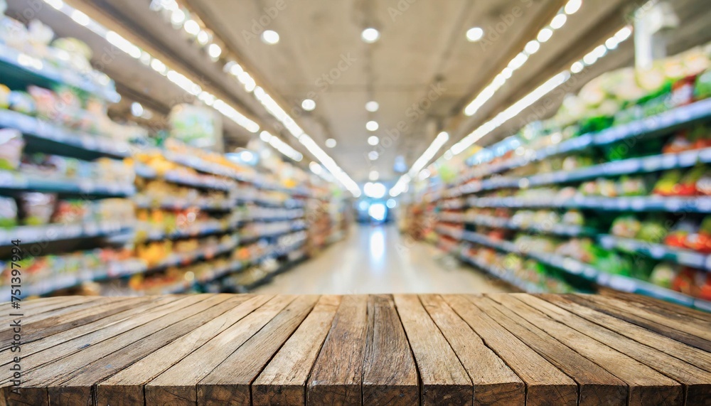 empty top wooden table with supermarket blur background