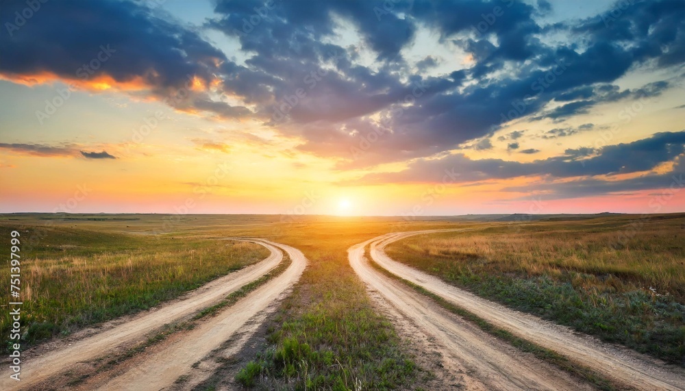 fork roads in steppe on sunset background
