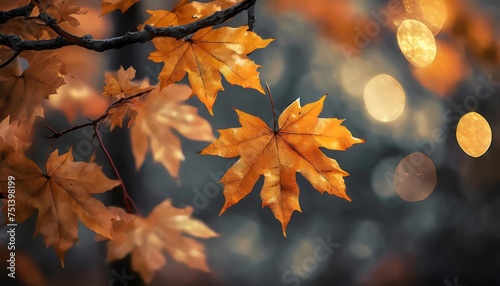 border of orange maple leaves on a branch with bokeh in the background autumn vibes