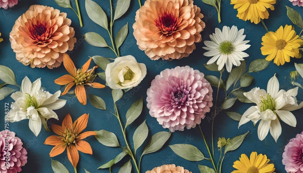 seamless floral background with various flower types vintage botany books style on dark blue background generative - obrazy, fototapety, plakaty 