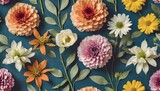 seamless floral background with various flower types vintage botany books style on dark blue background generative