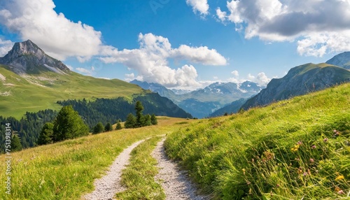 trail through alpine meadows and pastures mountainous rural landscape in summer sunny afternoon with fluffy clouds on a blue sky