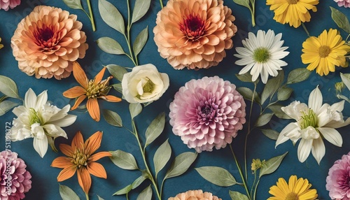 seamless floral background with various flower types vintage botany books style on dark blue background generative