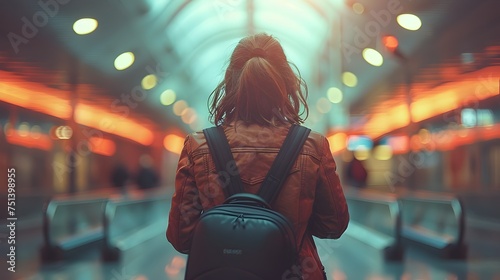 Stylish Woman Travels with Backpack in Modern Airport, To showcase a confident and independent woman traveling for business or pleasure with a