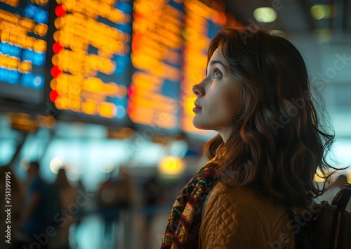 Woman Checking Flight Information at the Airport, To convey a sense of travel, anticipation, and preparation in a stylish and contemporary setting,