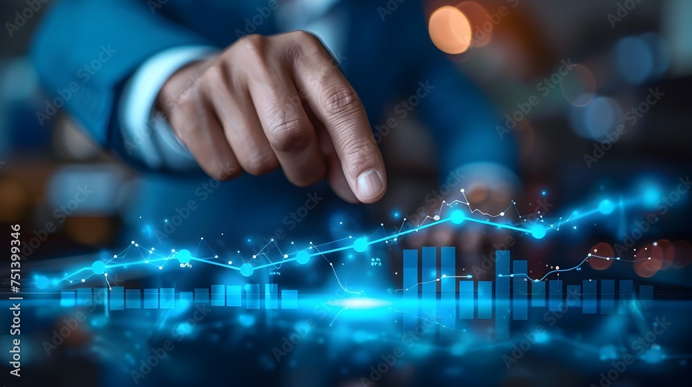 Businessman Pointing to Market Data in High-Tech Style, To convey a sense of financial success, data-driven decision making, and high-tech design in Businessman Pointing to Market Data in High-Tech Style, To convey a sense of financial success, data-driven decision making, and high-tech design in