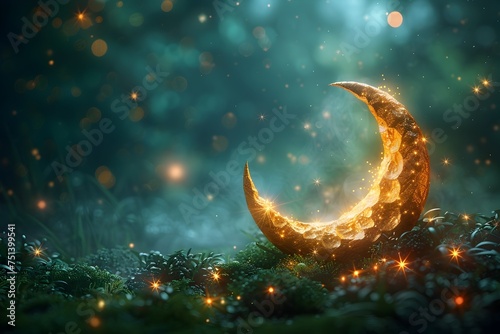 Golden Crescent on Moss with Lights in Fantasy Illustration Style