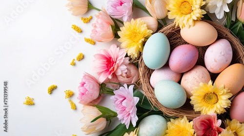 background flat lay with pastel-colored Easter eggs, grnerative ai photo