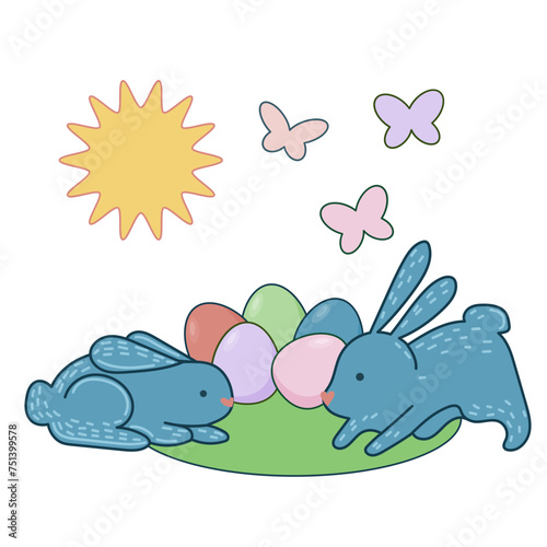 Easter Rabbit Mascot Icon. Cute Funny Easter Traditionat Egg Hunter Symbol Bunny Rabbit Doodle Illustration