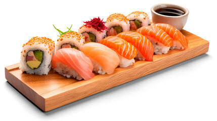 Gordijnen Sushi bar Sushi plank met diverse rolletjes  © Andrey Miranda