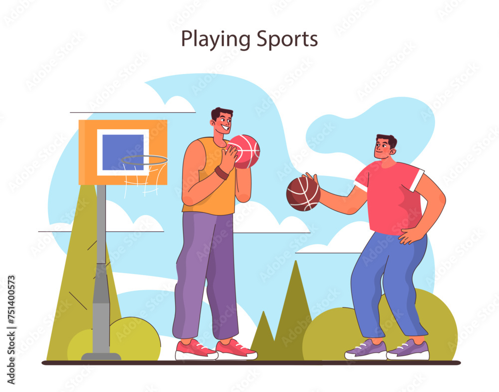 Naklejka premium Playing Sports concept. Pals sharing a friendly game of basketball outdoors.