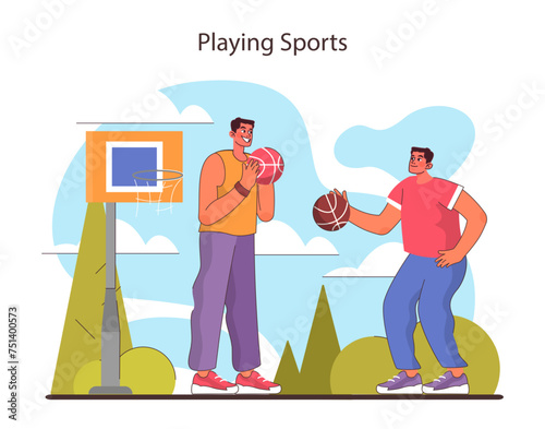 Playing Sports concept. Pals sharing a friendly game of basketball outdoors.