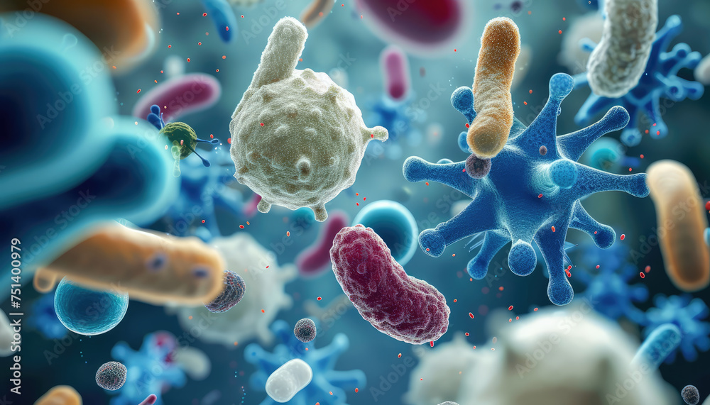 Detailed 3D illustration of various bacteria and viruses in a dynamic microscopic environment. - obrazy, fototapety, plakaty 