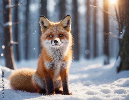 Illustration of a small red fox is sitting in the snow