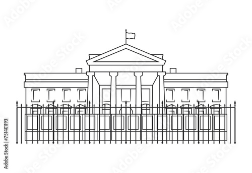 A minimalist black and white line drawing of the White House