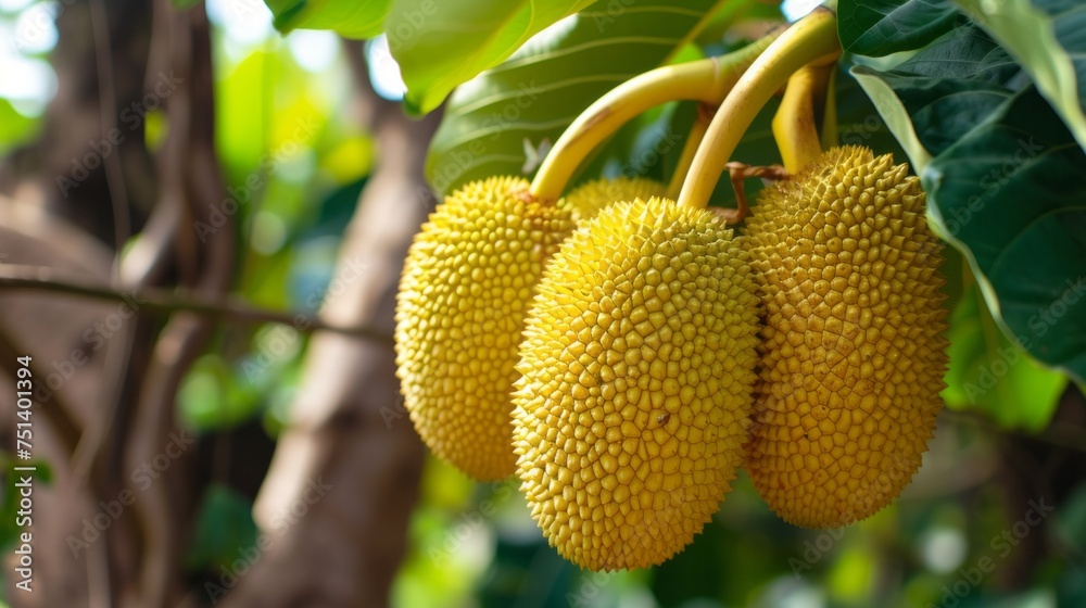 Ripe jackfruit fruits hanging on a tree in the garden, agribusiness business concept,organic healthy food and non-GMO fruits with copy space
Ripe jackfruit fruits hanging on a tree in the garden, agribusiness business concept,organic healthy food and non-GMO fruits with copy space
