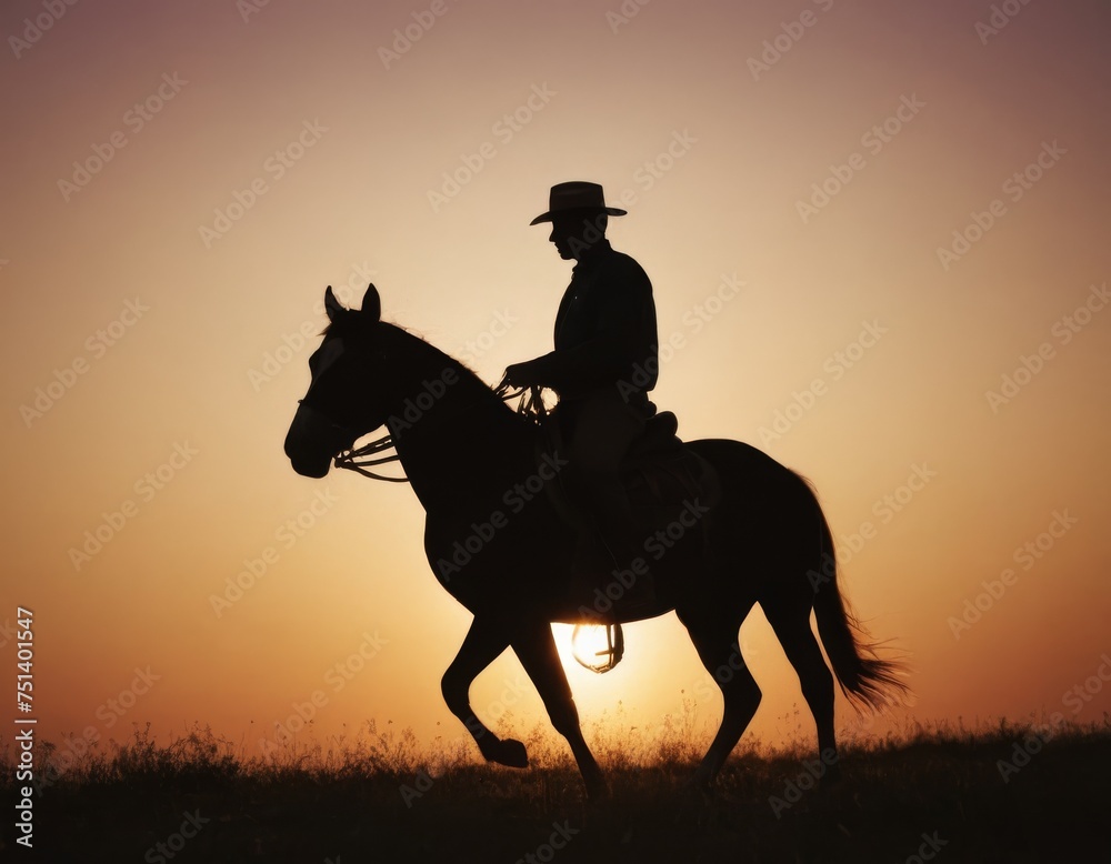 A man in a cowboy hat rides a horse through a field at sunset. A man in a cowboy hat rides a horse through a field at sunset.