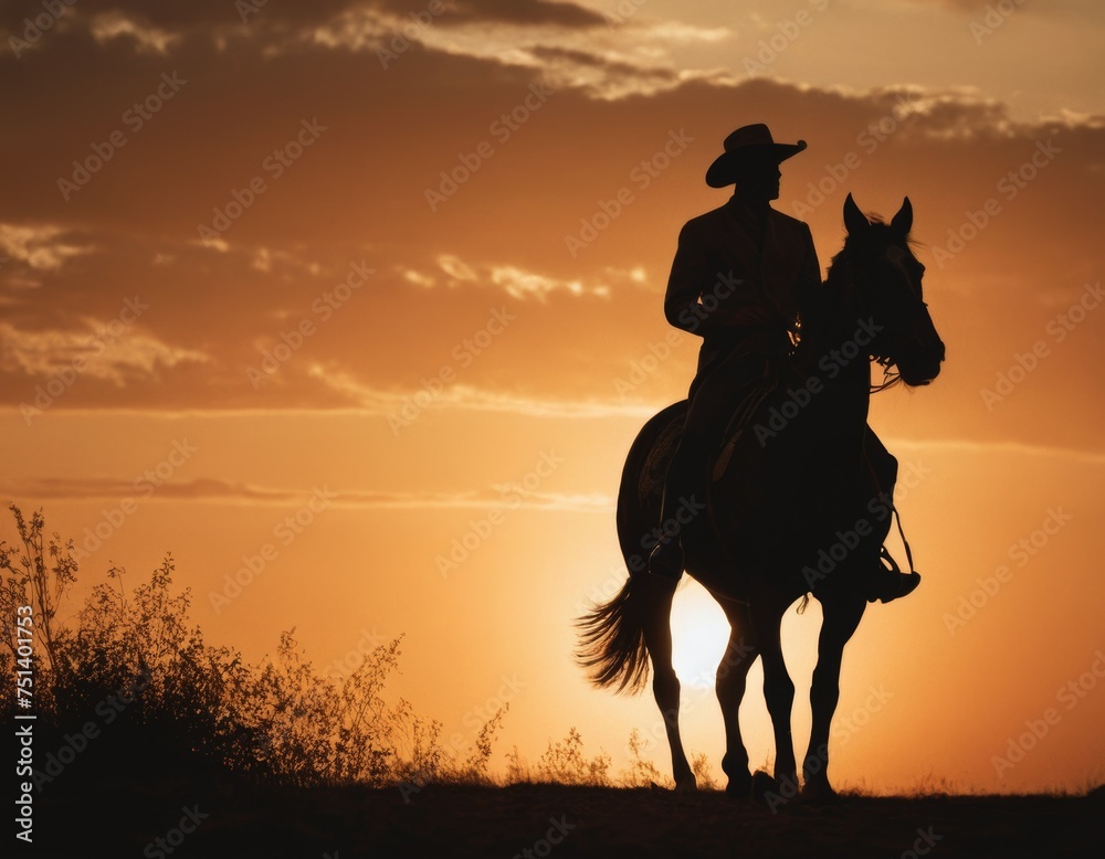 A man in a cowboy hat rides a horse through a field at sunset.