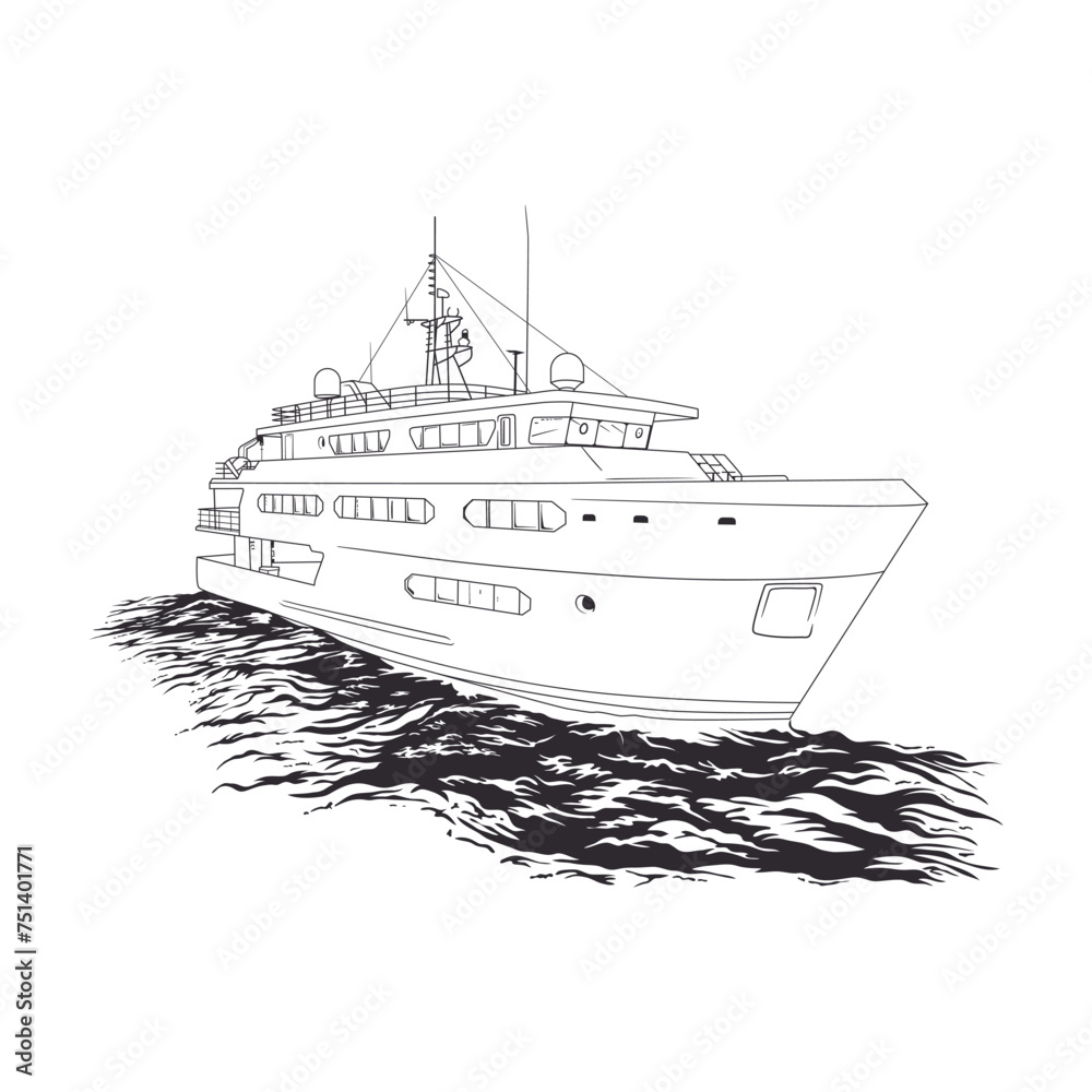 A detail illustration of a classic ship sailing in calm waters. Vector line art