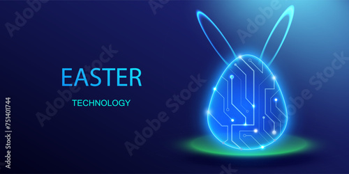 Easter egg circuit technology design. Neon future ai holiday concept. Connect cyber light data science vector.   © SidorArt
