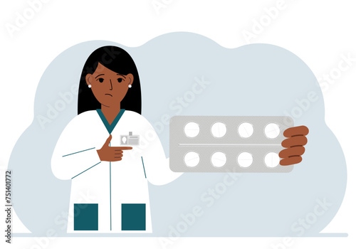 A female doctor in a white coat holds a large plate with pills. Vector