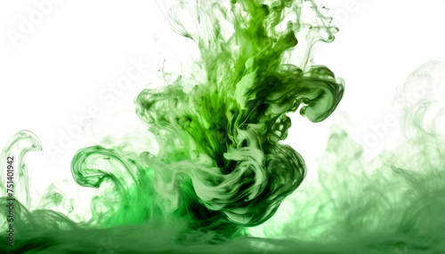 Colorful green ink swirling and flowing underwater on white background. Generative AI. 