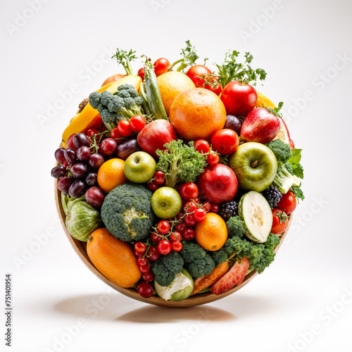 Fruits and vegetables are collected in a large ball on a white background.