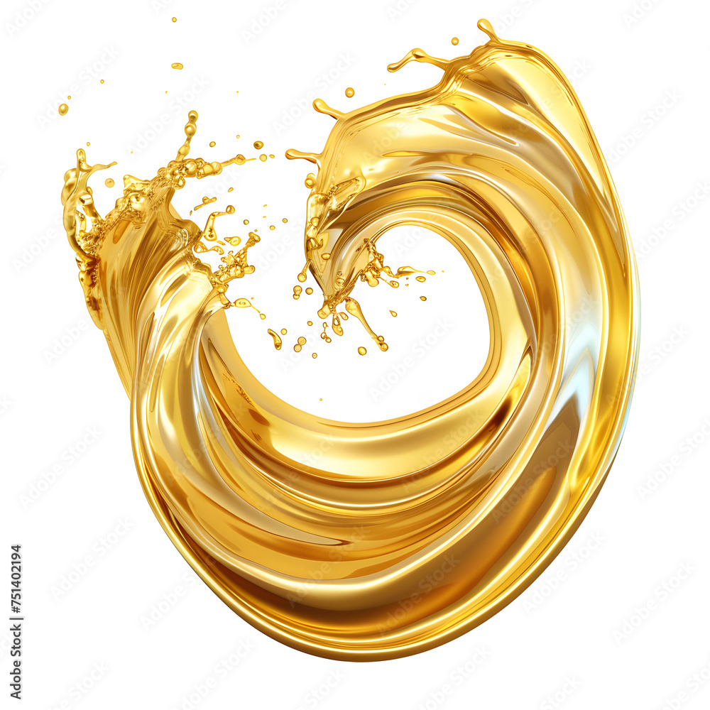 Fototapeta premium Gold glossy liquid wave, fluid splash Isolated on white background