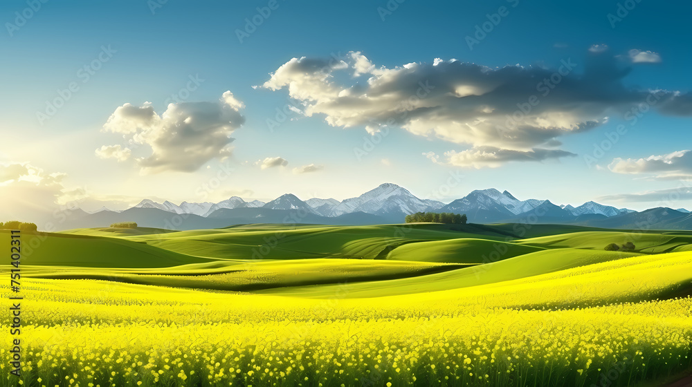 Panoramic view of blooming rapeseed fields surrounded by rolling hills