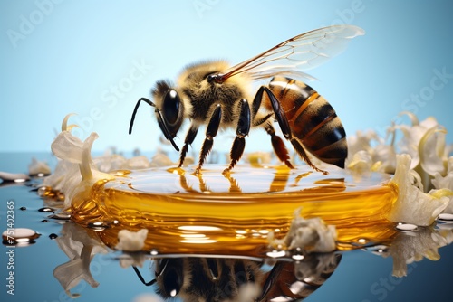 a bee standing on a drop of liquid