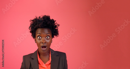 A woman in a black suit with her mouth open. The woman is looking at the camera. Strong emotions of a dark-skinned woman in a suit. Astonishment. Banner in a Pink background. Copy space