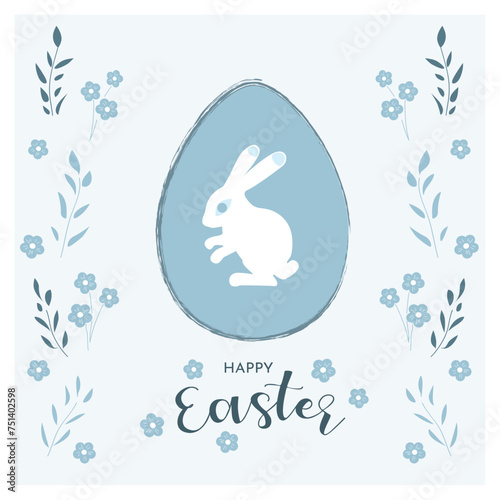 Happy Easter. Rabbit and egg on spring blue background with flowers