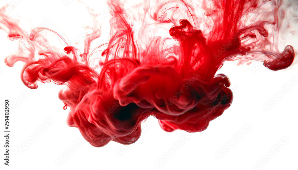 Bright red ink swirling and flowing on a white background. 