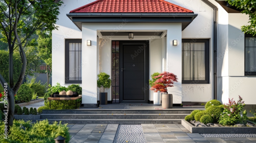 a black single front door against a backdrop of a white house, topped by a roof in striking red, grey, or black, embodying the timeless elegance and simplicity of Nordic design.