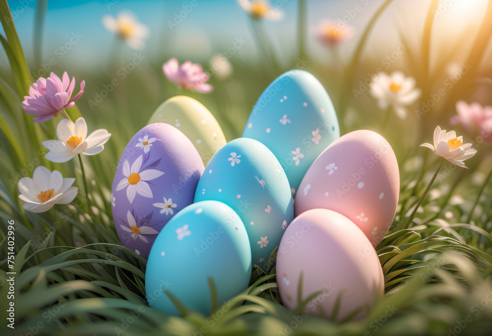 pastel easter eggs in basket forest background