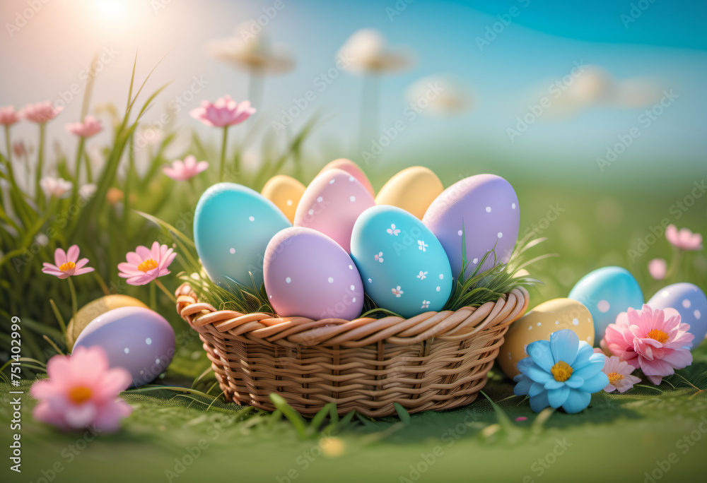pastel easter eggs in basket forest background