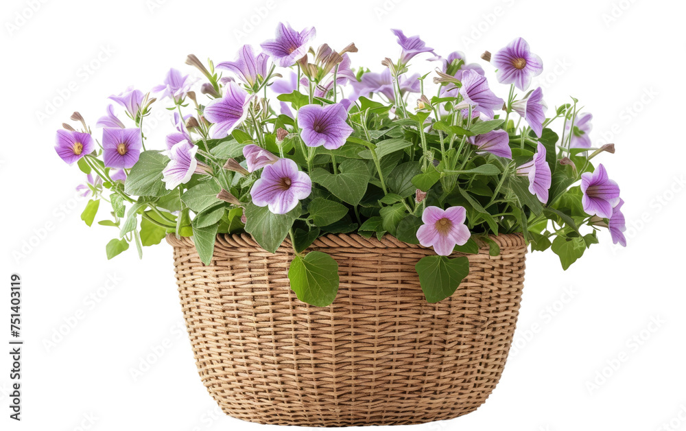 Scalloped Rattan Pot Holding Canterbury Bells isolated on transparent Background