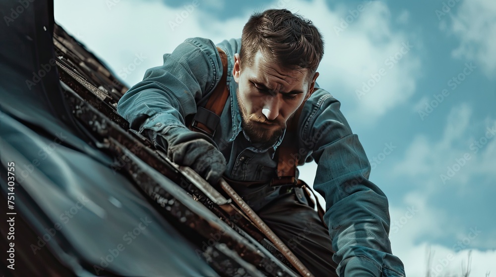a strong man roofer as he diligently fixes the roof, against a vibrant and warm background of him atop a house, showcasing his skill and dedication to his craft. a strong man roofer as he diligently fixes the roof, against a vibrant and warm background of him atop a house, showcasing his skill and dedication to his craft.