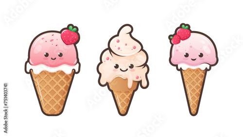 Cute cartoon icecream with funny face. Kawaii ice cream in waffle cone. Sweet food emoji set. Summer dessert vector illustration