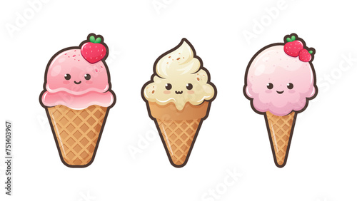 Cute cartoon icecream with funny face. Kawaii ice cream in waffle cone. Sweet food emoji set. Summer dessert vector illustration