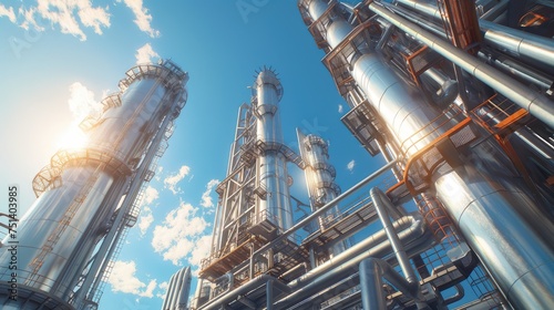 an oil refinery under clear skies and good weather conditions, highlighting the intricate machinery and structures against a backdrop of blue skies and fluffy clouds.