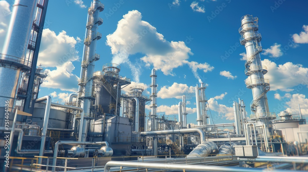 an oil refinery under clear skies and good weather conditions, highlighting the intricate machinery and structures against a backdrop of blue skies and fluffy clouds.