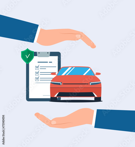 Hands protect the car. Car insurance concept. Vector illustration.